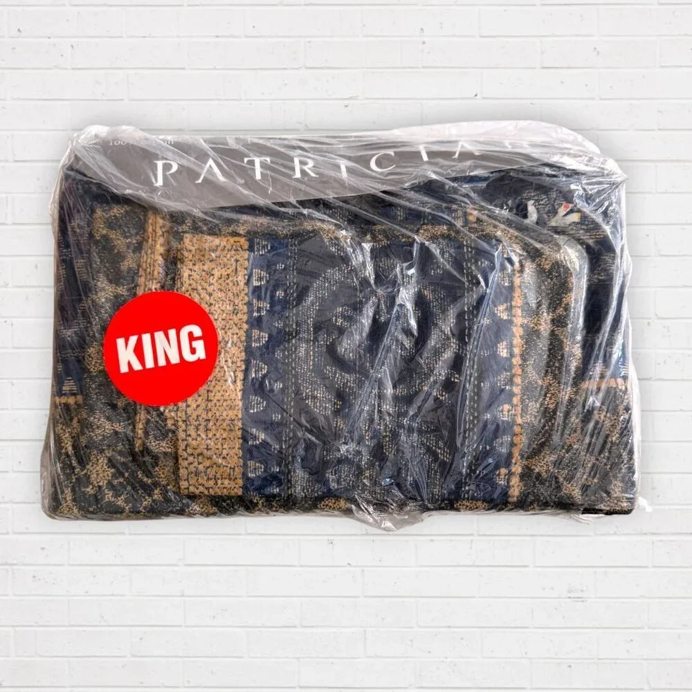 Vintage Patrician King Sheet Set 100% Cotton Navy Gold Jacquard Pattern NWT